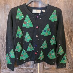 Black Cardigan with Green Tree Embellishments